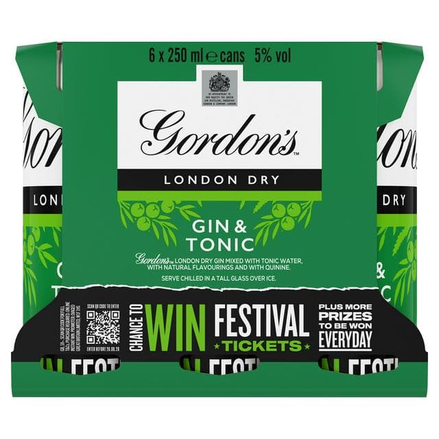 Gordon's London Dry Gin & Tonic Ready To Drink 5% Vol Cans 6x250ml - gallery image 1
