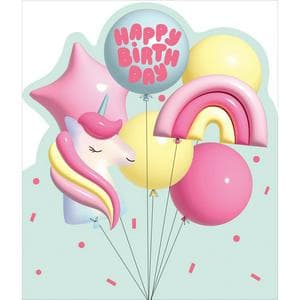 Sainsbury's Happy Birthday Unicorn & Rainbow Pink & Yellow Balloons Juvenile Greeting Card