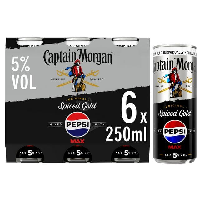 Captain Morgan Original Spiced Gold Rum & Pepsi Max Ready to Drink 5% Vol Cans 6x250ml - gallery image 1