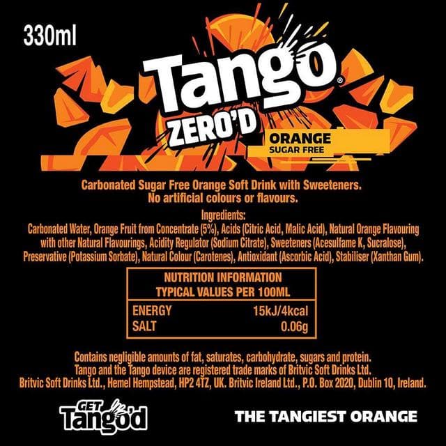 Tango 8 x 330ml Zero'd Orange Sugar Free Soft Drink Cans - gallery image 2
