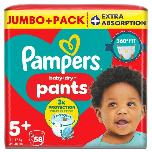 Pampers Baby Dry Nappy Pants Nappies Size 5+, 12kg-17kg x58 - gallery image 1