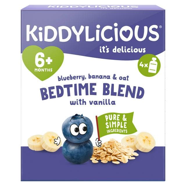 Kiddylicious Blueberry, Banana & Oat Bedtime Blend with Vanilla Pouch Baby Food 4x100g - gallery image 1