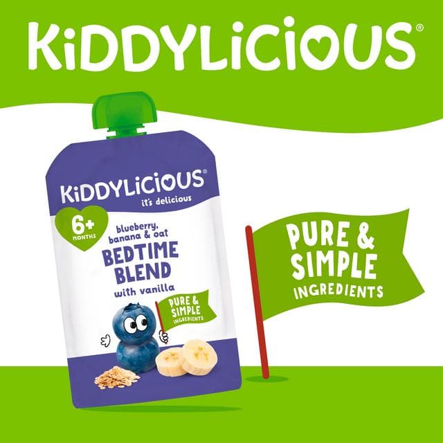 Kiddylicious Blueberry, Banana & Oat Bedtime Blend with Vanilla Pouch Baby Food 4x100g - gallery image 2