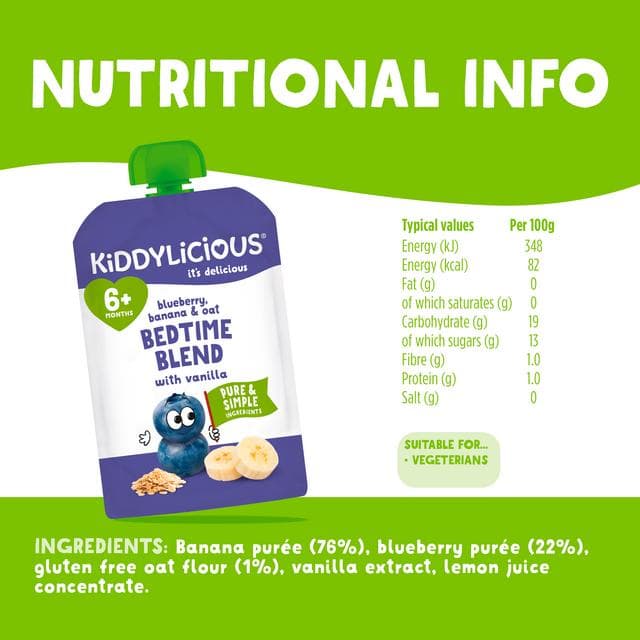 Kiddylicious Blueberry, Banana & Oat Bedtime Blend with Vanilla Pouch Baby Food 4x100g - gallery image 3