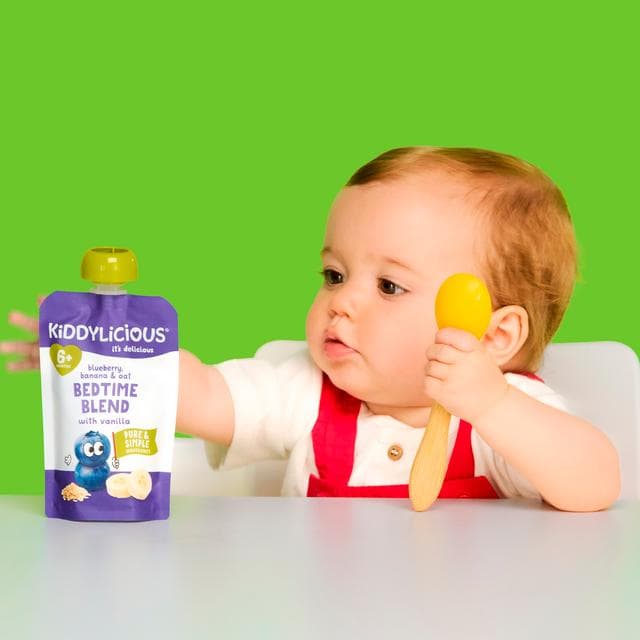 Kiddylicious Blueberry, Banana & Oat Bedtime Blend with Vanilla Pouch Baby Food 4x100g - gallery image 5
