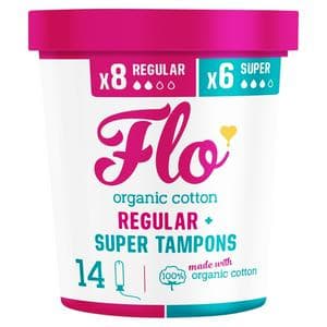 Flo Organic Cotton Applicator Combo Pack 8 Regular + 6 Super Tampons