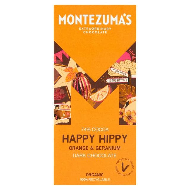 Montezuma's Organic 74% Happy Hippy Orange & Geranium Dark Chocolate 90g - gallery image 1