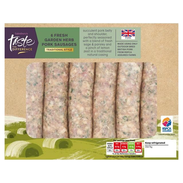 Sainsbury's Traditional Style Fresh Garden Herb British Pork Sausages, Taste the Difference x6 454g - gallery image 1