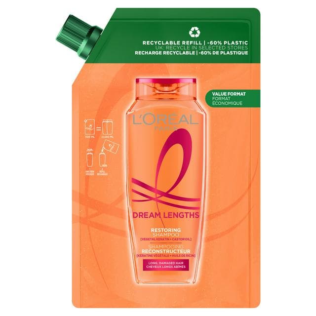 L'Oréal Paris Elvive Dream Lengths Restoring Shampoo Refill Pouch for Long Hair 500ml - gallery image 1