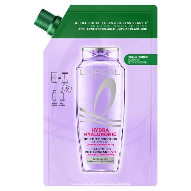L'Oréal Paris Elvive Hydra Hyaluronic Moisture Boosting Shampoo Refill Pouch 500ml - gallery image 1