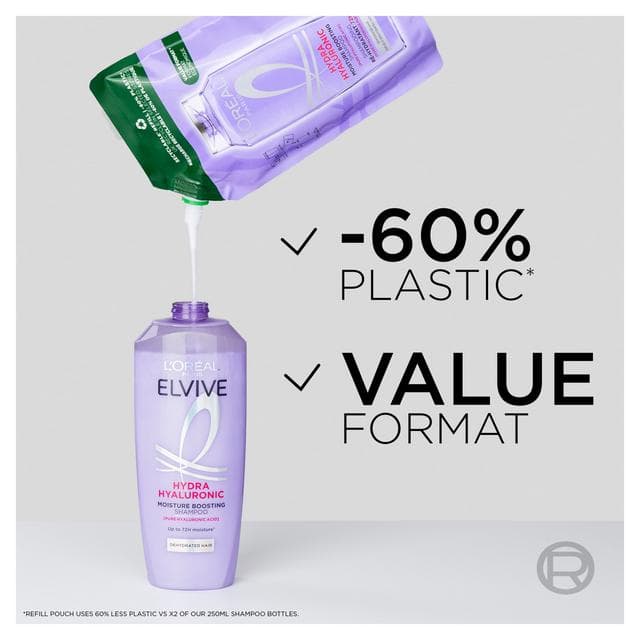 L'Oréal Paris Elvive Hydra Hyaluronic Moisture Boosting Shampoo Refill Pouch 500ml - gallery image 2