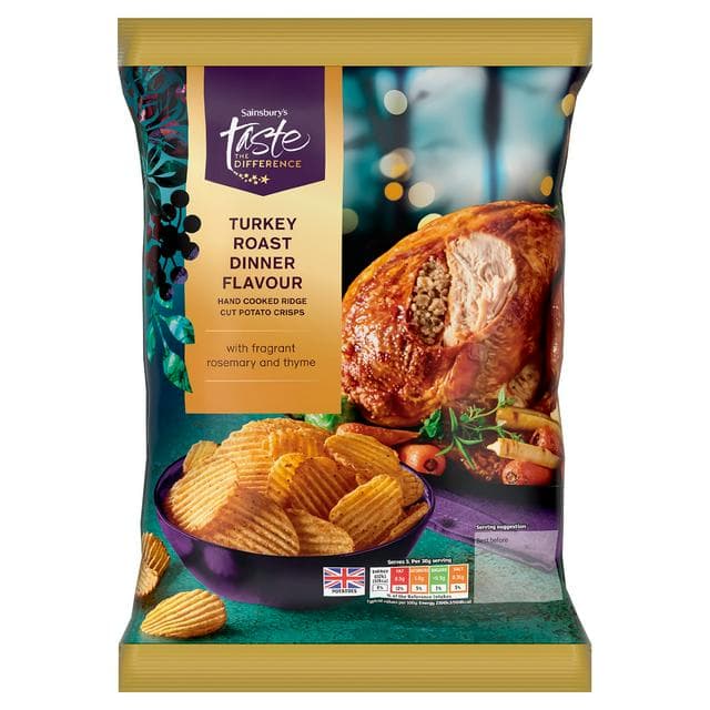 Sainsbury's 150g Turkey Roast Dinner Flavour Hand Cooked Ridge Cut Potato Crisps, Taste the Difference - gallery image 1