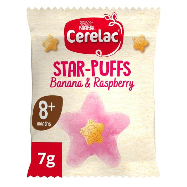 Cerelac Banana & Raspberry Star Puffs Baby Food Snack 8+ Months 7g - gallery image 1