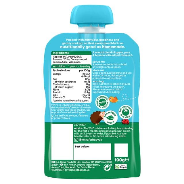 Heinz Apple, Pear & Banana Fruit Puree Pouch Baby Food 6+ Months 100g - gallery image 2