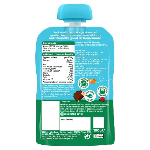 Heinz Apple & Mango Baby Food Fruit Puree Pouch 6+ Months 100g - gallery image 2