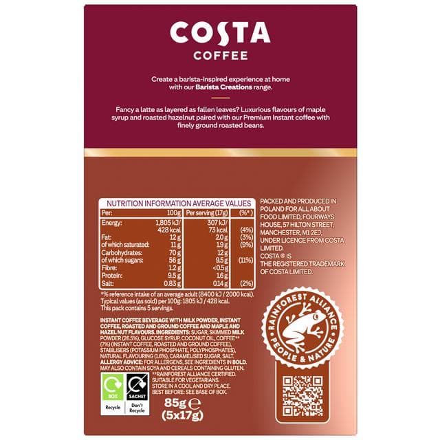 Costa Coffee 5 x 17g Barista Creations Maple Hazel Latte, Limited Edition - gallery image 5