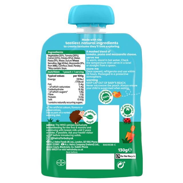 Heinz Tomato Mozzarella Pasta Shapes Baby Food Pouch 7+ Months 130g - gallery image 2