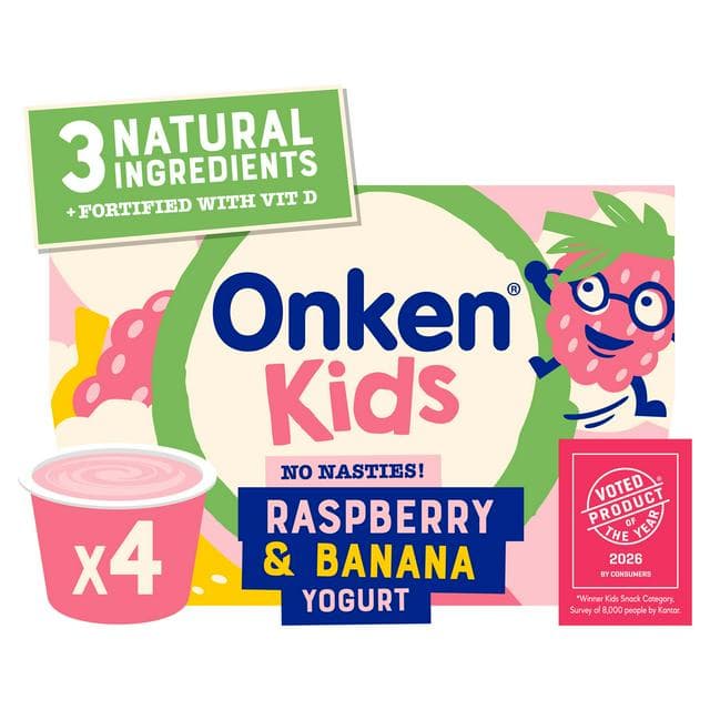 Onken Kids 4 x Raspberry & Banana Yogurt 90g - gallery image 1