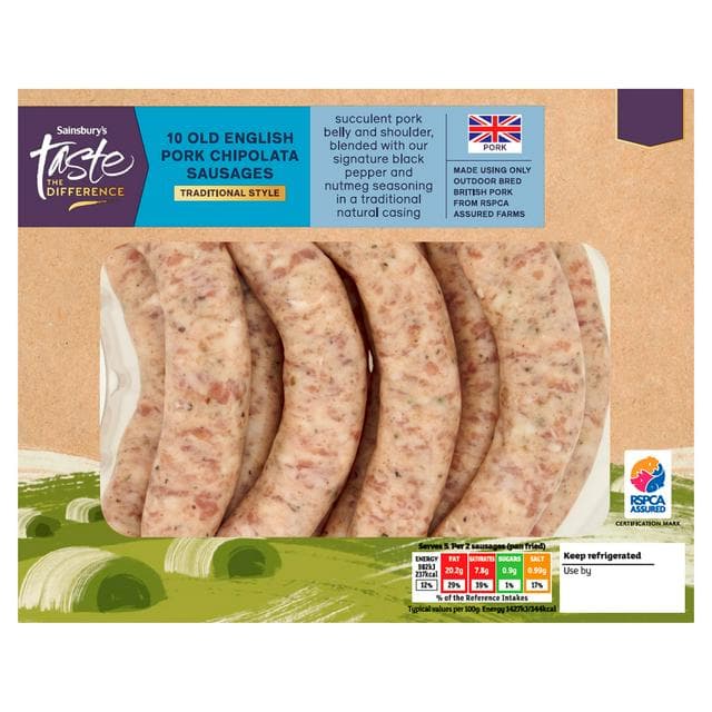 Sainsbury's 10 Old English Pork Chipolata Sausages, Taste the Difference 400g - gallery image 1
