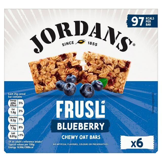 Jordans Frusli Juicy Blueberry Chewy Oat Cereal Snack Bars 6 x 25g - gallery image 1
