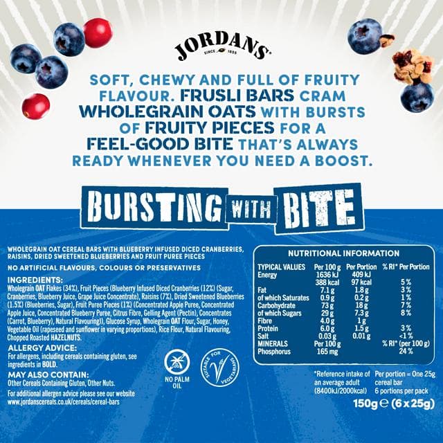 Jordans Frusli Juicy Blueberry Chewy Oat Cereal Snack Bars 6 x 25g - gallery image 4