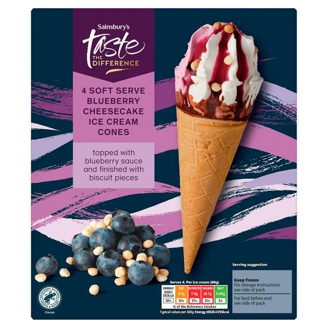 Sainsbury's 4 x 140ml Soft Serve Blueberry Cheesecake Ice Cream Cones, Taste the Difference - gallery image 1