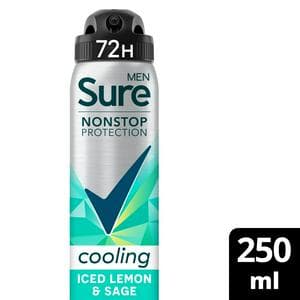 Sure Men 250ml Nonstop Protection Iced Lemon & Sage Antiperspirant Aerosol Deodorant Spray