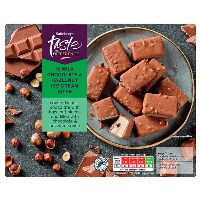 Sainsbury's 10 x 28ml Milk Chocolate & Hazelnut Ice Cream Bites, Taste the Difference - gallery image 1