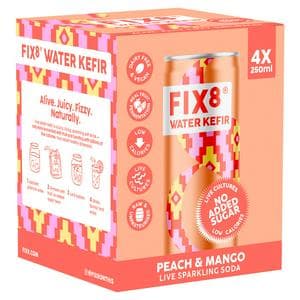Fix8 Water Kefir Peach & Mango Live Sparkling Soda 4 x 250ml