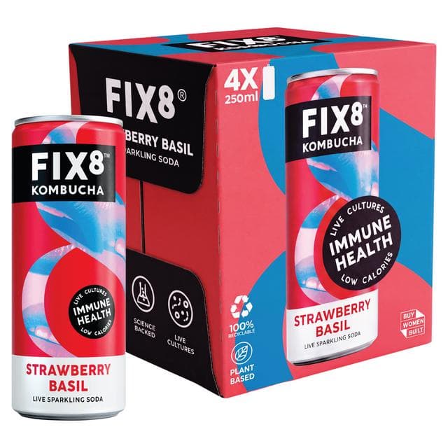 Fix8 Kombucha Strawberry Basil Live Sparkling Soda 4 x 250ml - gallery image 2