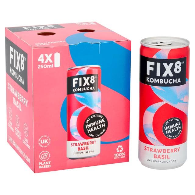 Fix8 Kombucha Strawberry Basil Live Sparkling Soda 4 x 250ml - gallery image 2