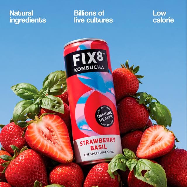 Fix8 Kombucha Strawberry Basil Live Sparkling Soda 4 x 250ml - gallery image 4