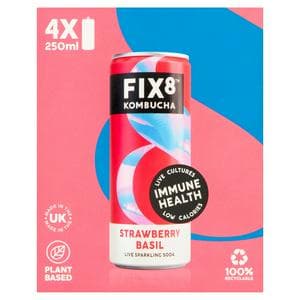 Fix8 Kombucha Strawberry Basil Live Sparkling Soda 4 x 250ml
