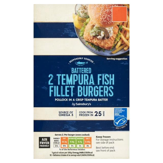 Sainsbury's 2 x Battered Tempura Fish Fillet Burgers 227g - gallery image 1