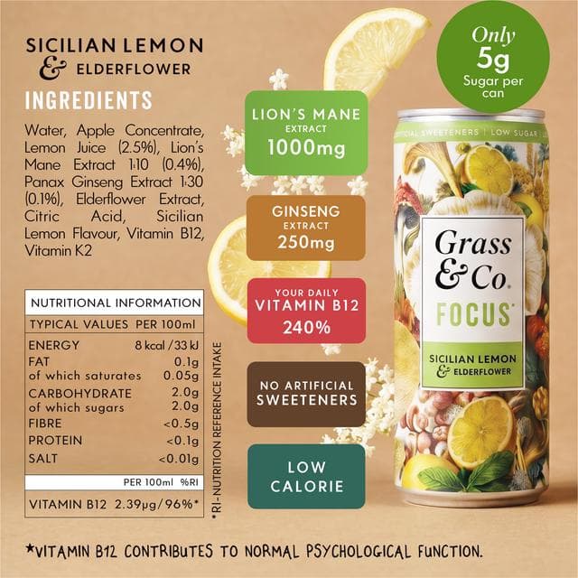 Grass & Co. 250ml Liquid Focus Elderflower & Sicilian Lemon Functional Drink - gallery image 3