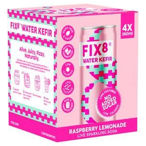 Fix8 Water Kefir Raspberry Lemonade Live Sparkling Soda 4 x 250ml
