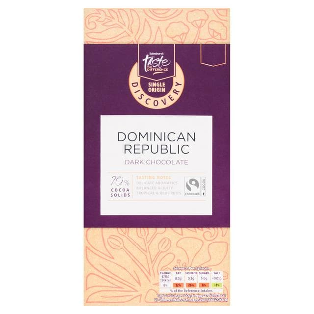 Sainsbury's Discovery 100g Dominican Republic Dark Chocolate Bar, Taste the Difference - gallery image 1