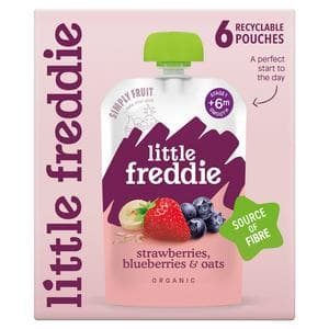 Little Freddie 6 x 100g +6 Months Organic Strawberries, Blueberries & Oats Smooth Pouches Box