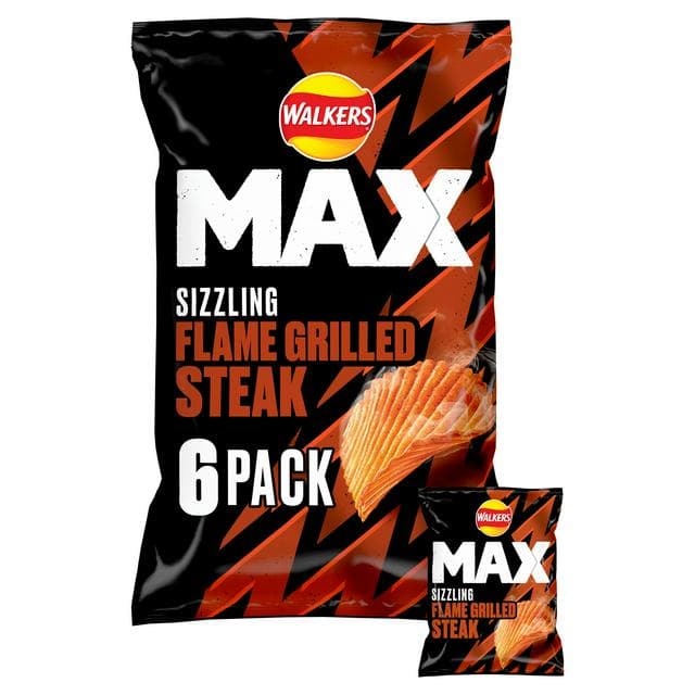 Walkers Max 6 x 27g Sizzling Flame Grilled Steak Multipack Crisps - gallery image 1