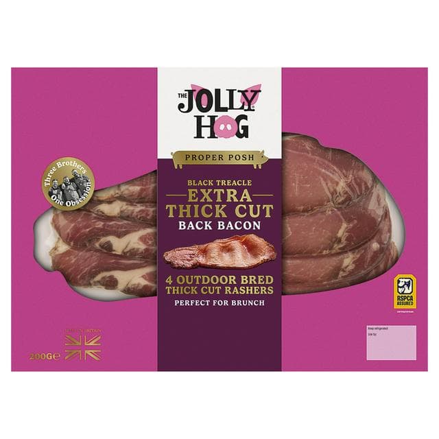 The Jolly Hog 4 x British Extra Thick Cut Black Treacle Back Bacon Rashers 200g - gallery image 1