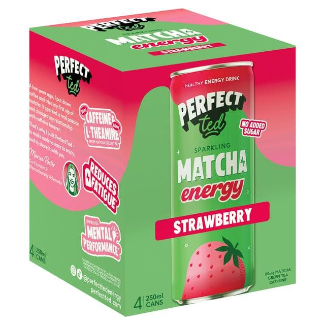 Perfect Ted 4 x 250ml Sparkling Matcha Strawberry Energy Drink - gallery image 1