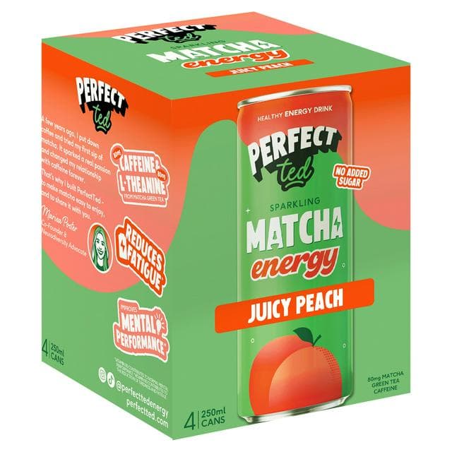 Perfect Ted 4 x 250ml Juicy Peach Sparkling Matcha Energy Drink - gallery image 1
