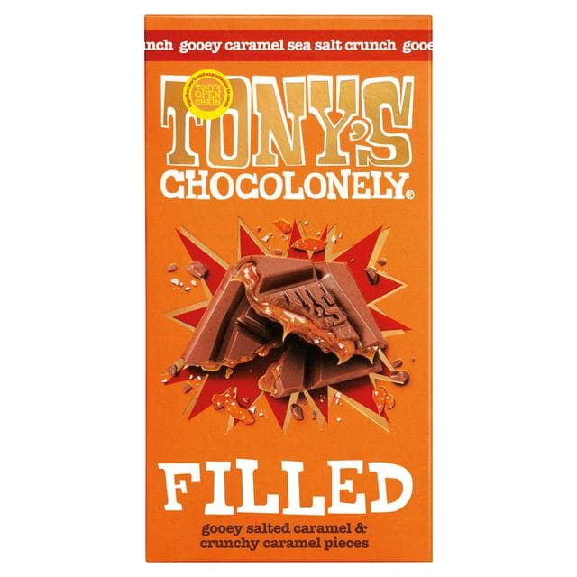 Tony's Chocolonely 135g Filled Salted Caramel & Pieces Chocolate Bar - gallery image 1