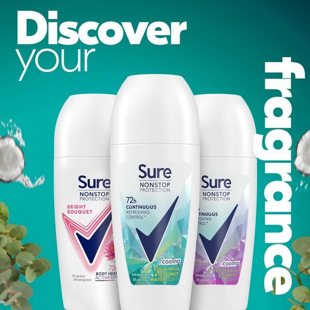 Sure Women 50ml Eucalyptus & Coconut Nonstop Protection Water Antiperspirant Roll on Deodorant - gallery image 5