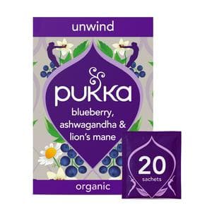 Pukka 20 x Organic Unwind Blueberry, Ashwagandha & Lion's Mane Herbal Tea Bags 32g