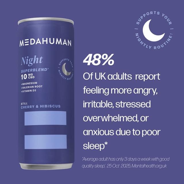 Medahuman 4 x 250ml Still Cherry & Hibiscus Night 10mg CBD Drink - gallery image 3