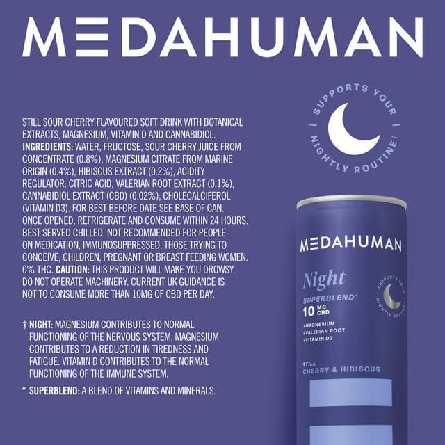 Medahuman 4 x 250ml Still Cherry & Hibiscus Night 10mg CBD Drink - gallery image 4