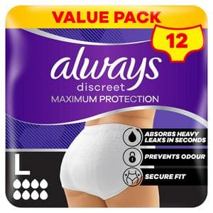 Always Discreet 12 x Maximum Protection 8 Drops Size L Incontinence Pant