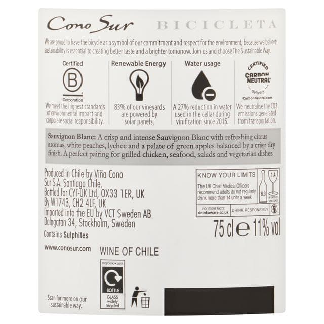 Cono Sur Bicicleta Sauvignon Blanc Still White Wine Bottle 75cl - gallery image 4