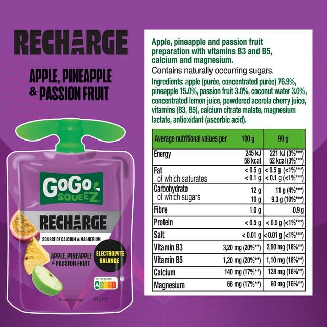 GoGo Squeez 4 x 90g Recharge Apple, Pineapple & Passion Fruit Smoothie Snack Pouch - gallery image 3